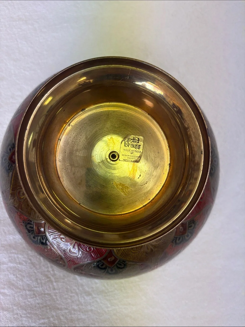 3pc Vintage Brass Collection: Engraved Pedestal Vase, Enameled bowl, Decor Fan
